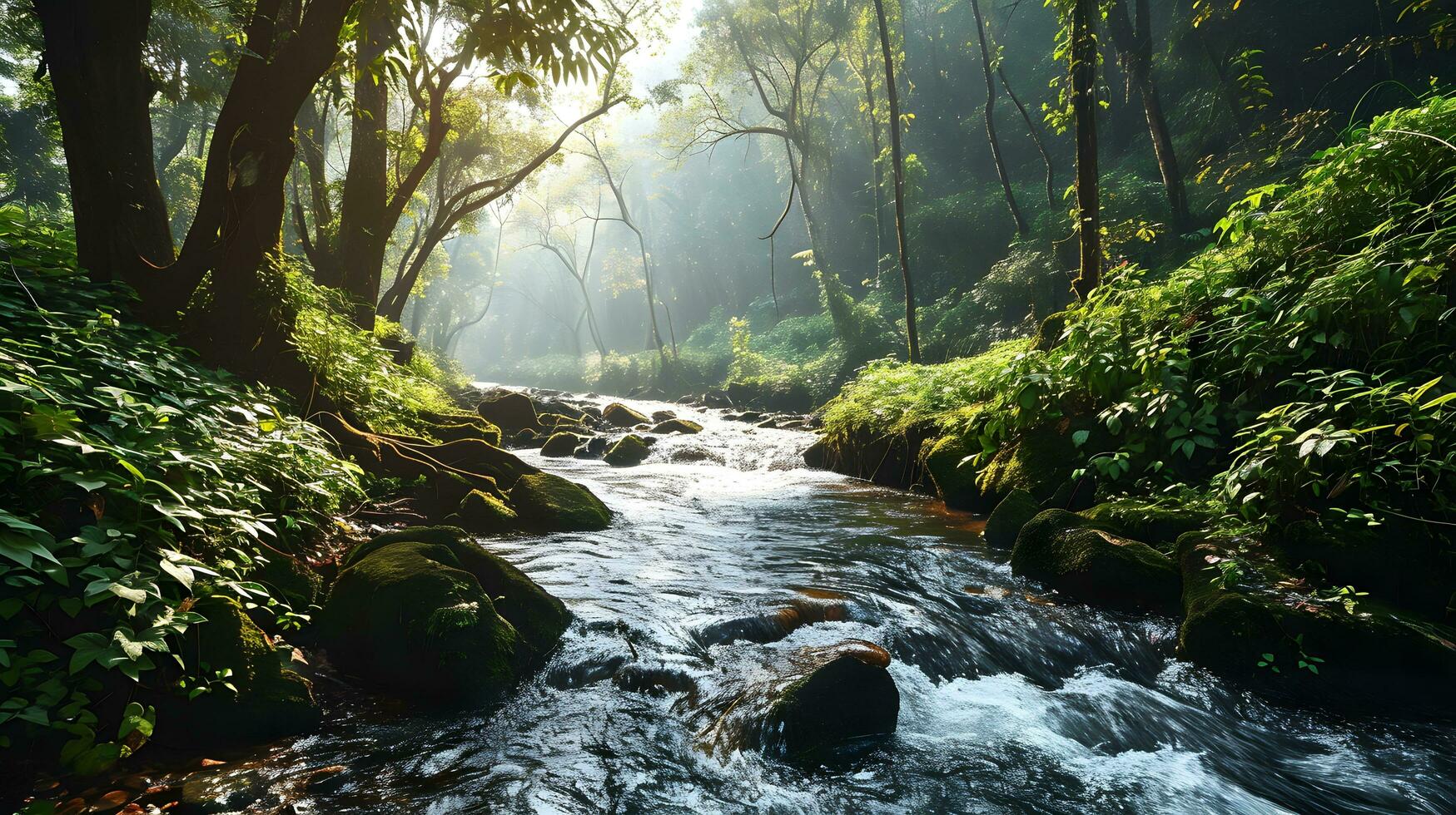 ai gerado dourado raios sobre uma áspero floresta corrente foto