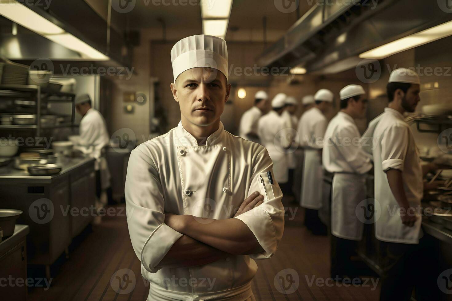 ai gerado restaurante chefe de cozinha dentro a cozinha. neural rede ai gerado foto