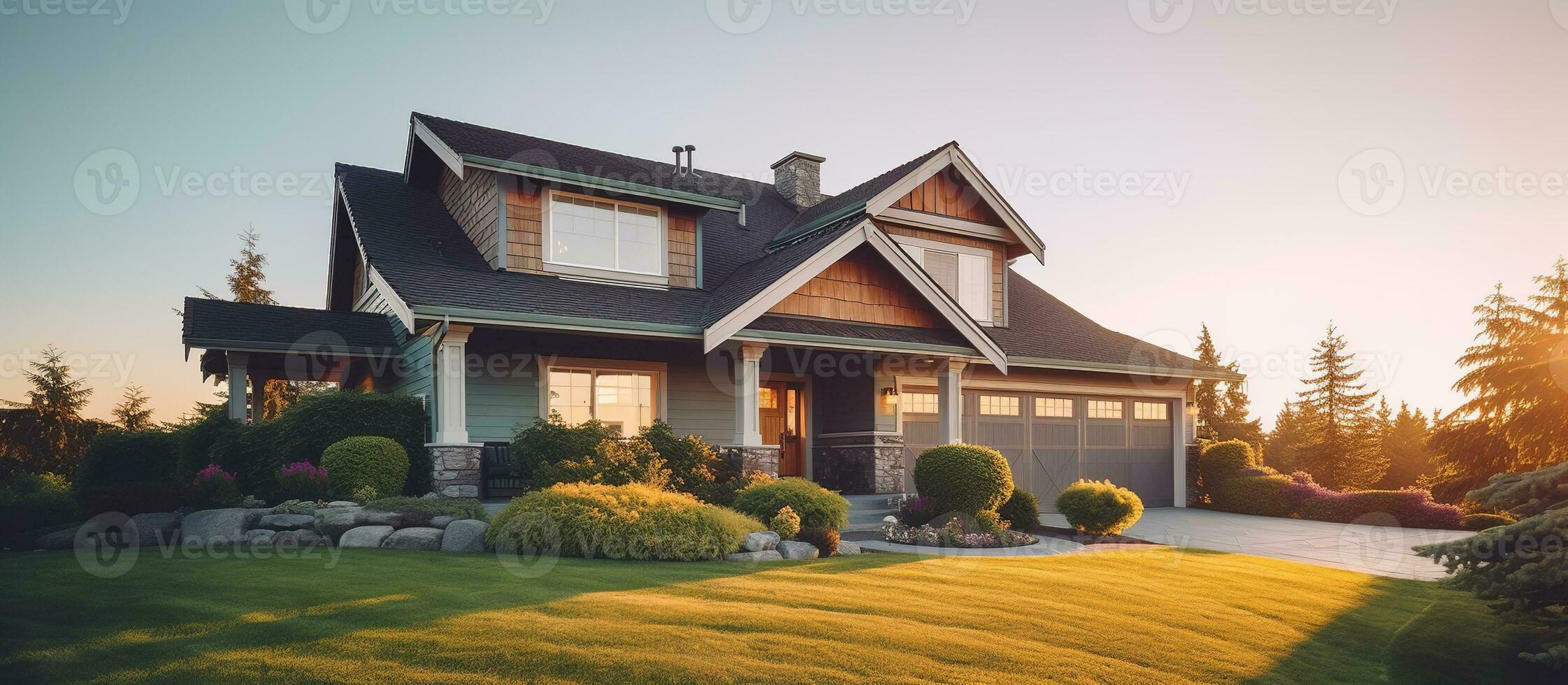 ai gerado lindo casa exterior com brilho do sol ou nascer do sol foto