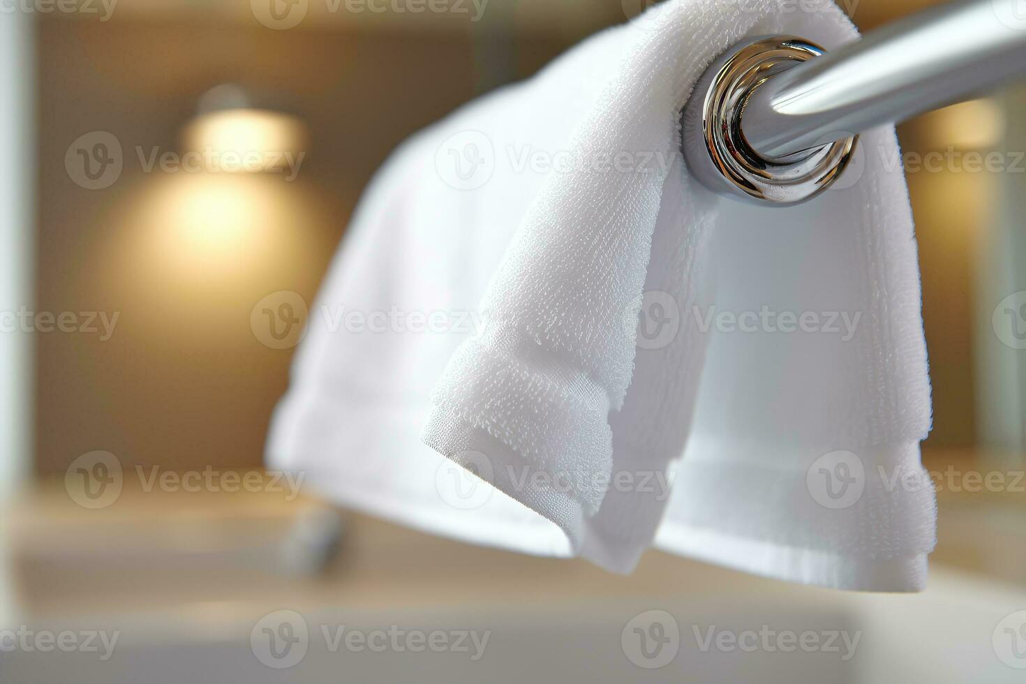 uma fechar-se do uma imaculado branco toalha suspensão em uma polido metal Cajado generativo ai foto