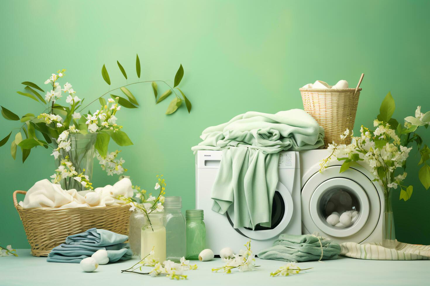 ai gerado eco-chique lavanderia abraçando orgânico detergentes para uma Primavera limpar \ limpo foto