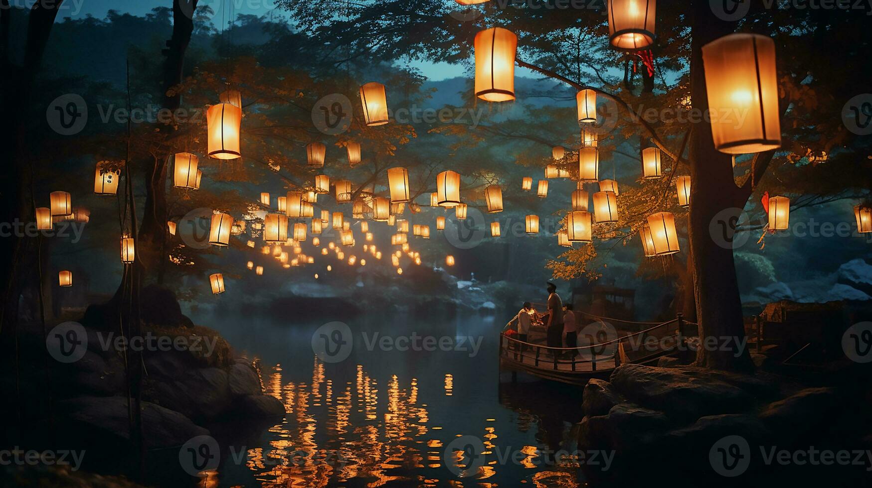 ai gerado uma lindo noite Fora é aceso acima com papel lanternas, dentro a estilo do sobrenatural cenas. foto
