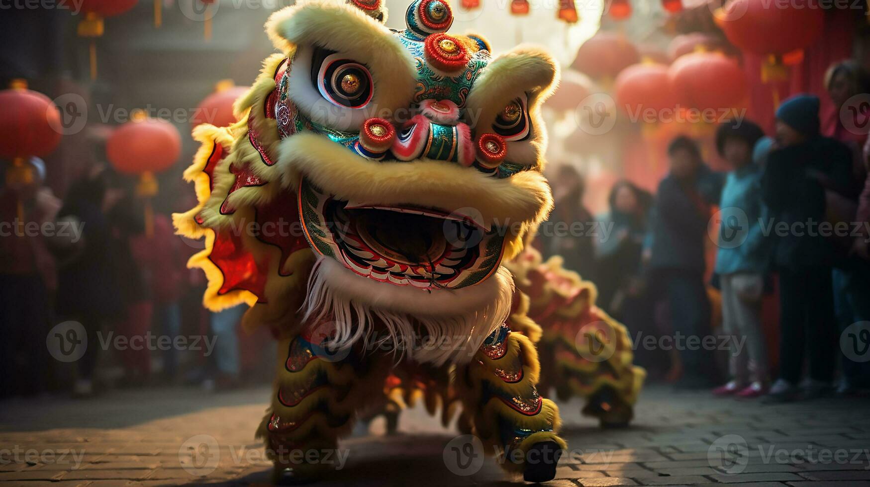 ai gerado Dragão ou leão dança mostrar Barongsai dentro celebração chinês lunar Novo ano festival. generativo ai foto