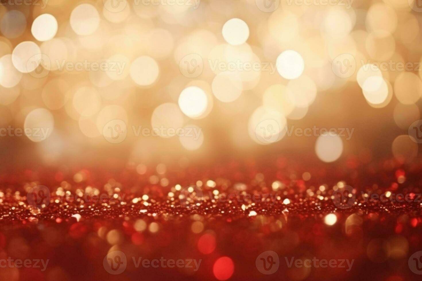 ai gerado vermelho e dourado Natal partículas e granulados para uma feriado celebração gostar Natal ou Novo ano. brilhante dourado luzes. papel de parede fundo foto