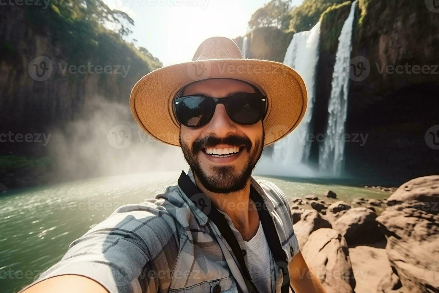 ai gerado à moda jovem viajante levando selfie dentro floresta tropical foto