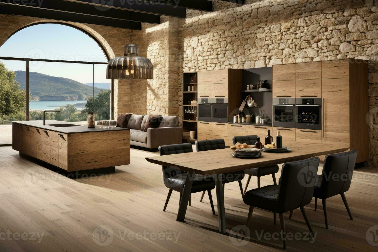 ai gerado moderno estilo natural madeira cozinha profissional publicidade fotografia foto