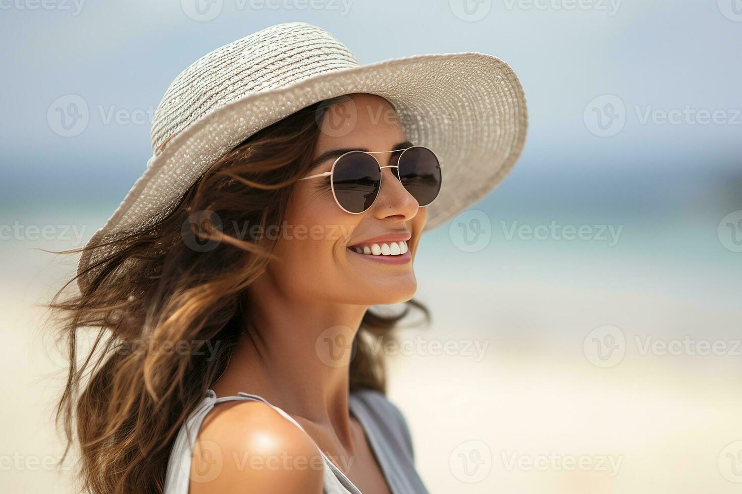 ai gerado fechar-se tiro do jovem feliz mulher verão período de férias às a de praia foto