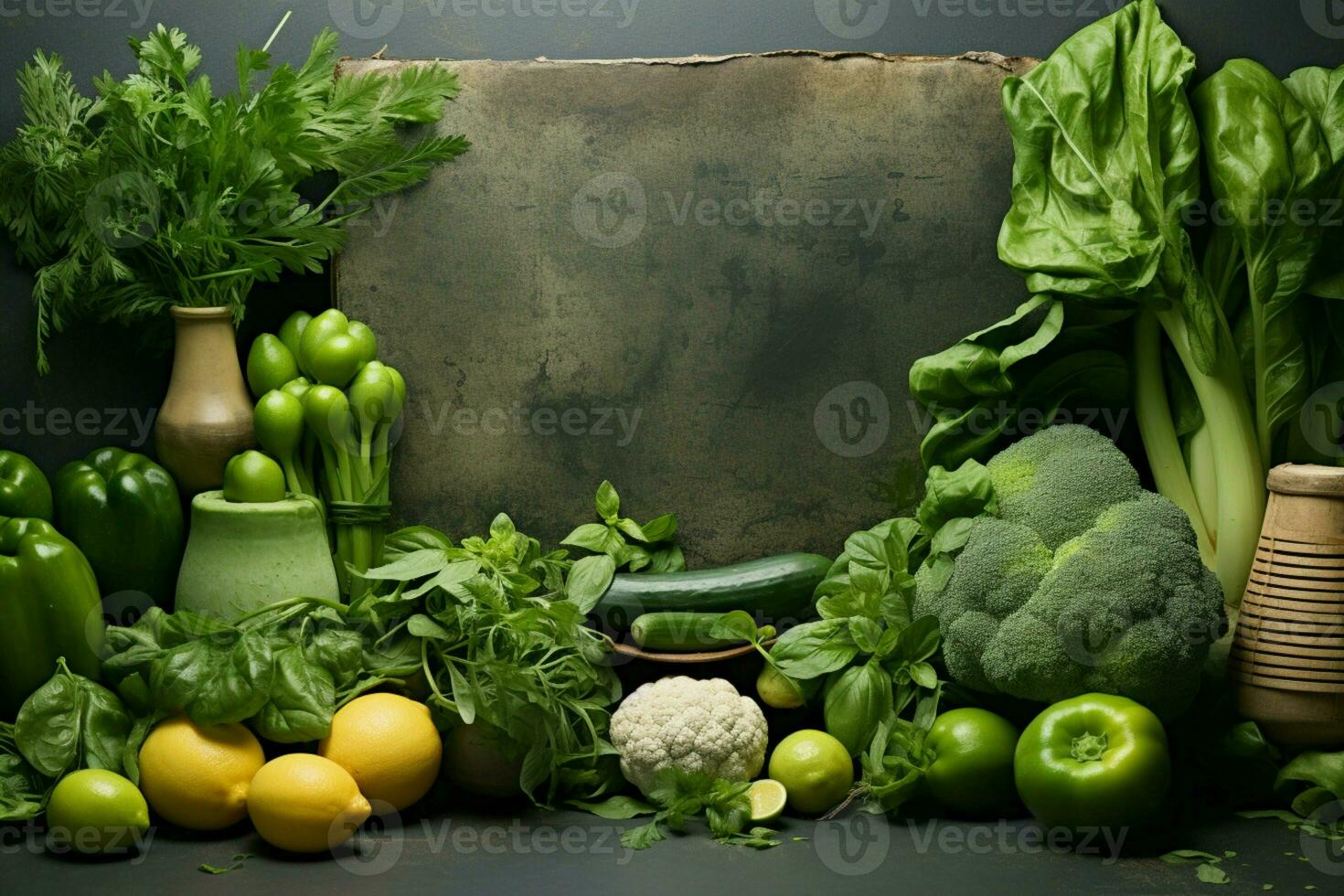 ai gerado gastronômico deleite fresco verduras e ervas emoldurado em concreto pano de fundo foto
