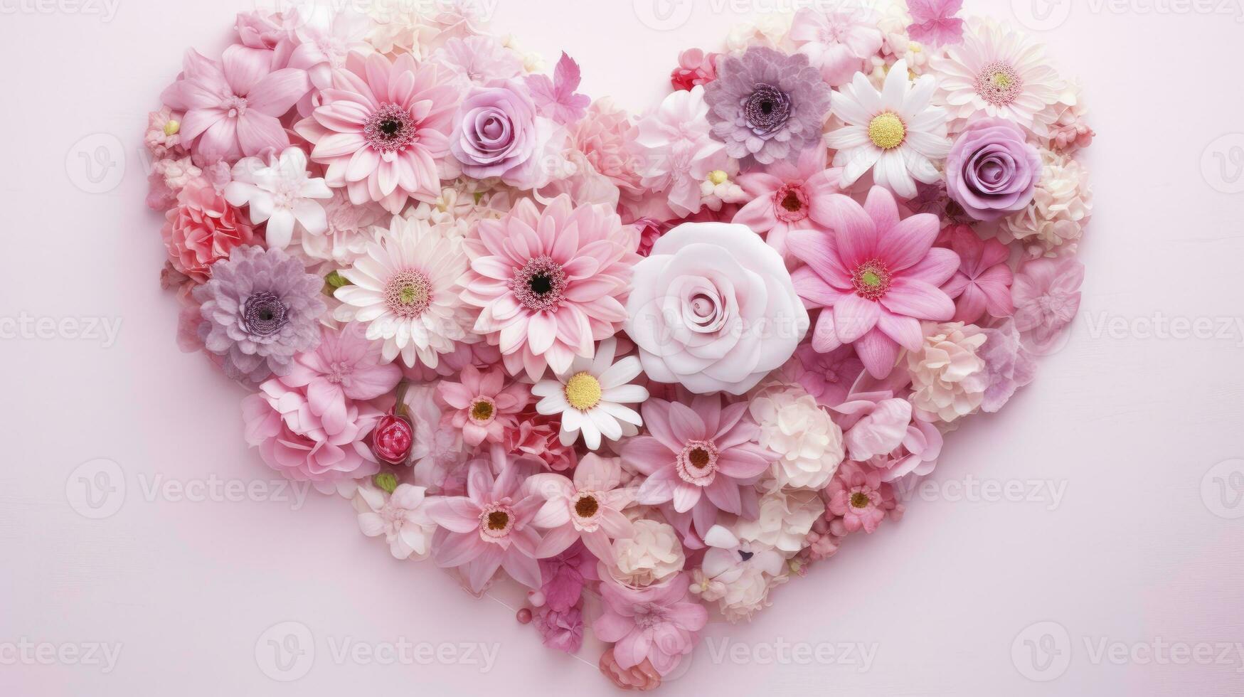 ai gerado coração forma fez do Rosa flores contra pastel Rosa fundo foto