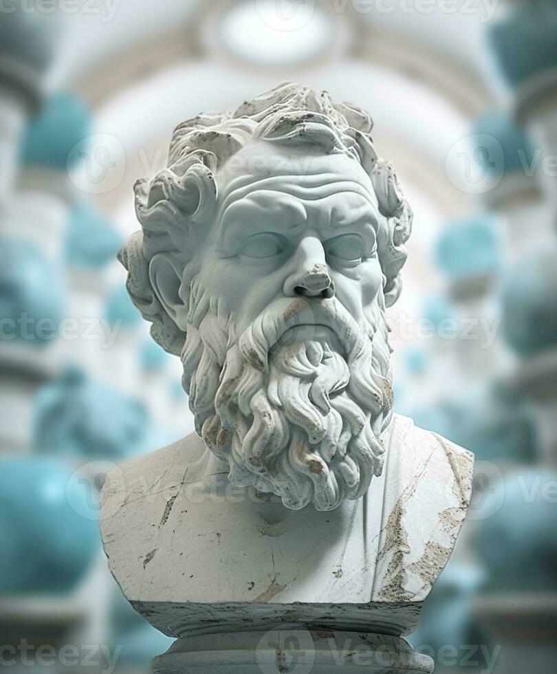 ai gerado cabeça do filósofo Sócrates em exibição dentro uma museu foto
