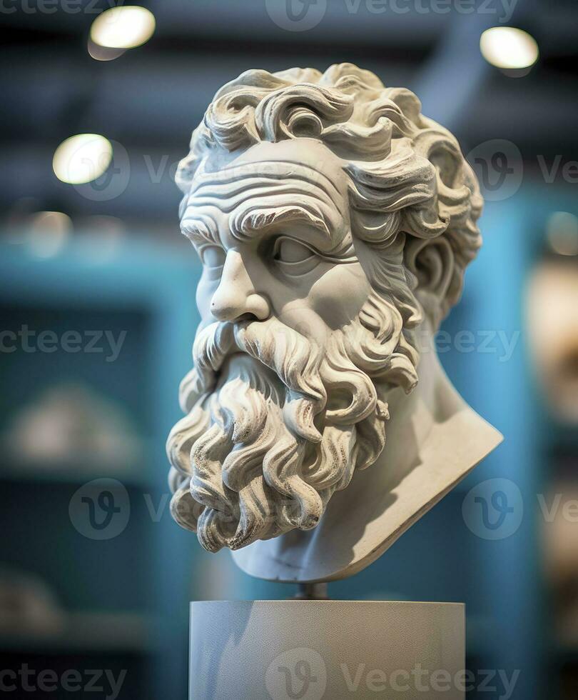ai gerado cabeça do filósofo Sócrates em exibição dentro uma museu foto