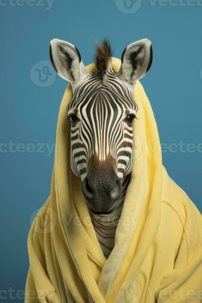 ai gerado retrato do uma zebra vestindo roupão de banho com pastel azul fundo foto