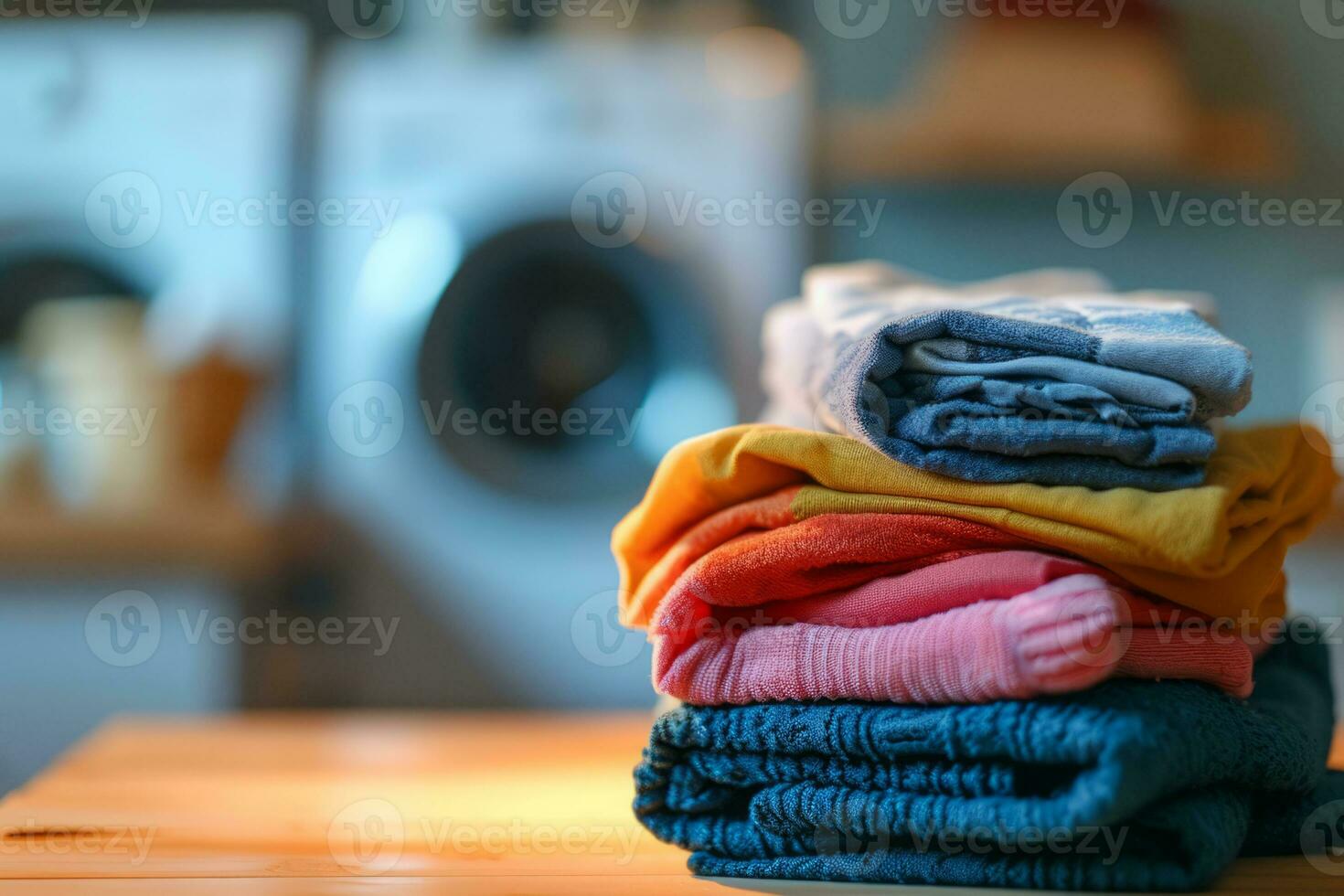 ai gerado lavado roupas em borda contra fundo com lavando máquina dentro casa lavanderia foto