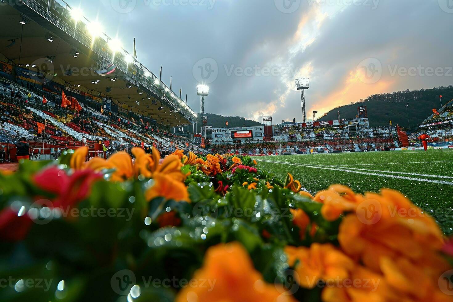 ai gerado exuberante verde gramado às futebol futebol Esportes estádio profissional fotografia foto