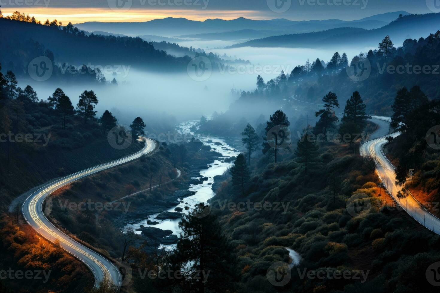 ai gerado às a Beira do a floresta enrolamento estrada alongar costas profissional fotografia foto