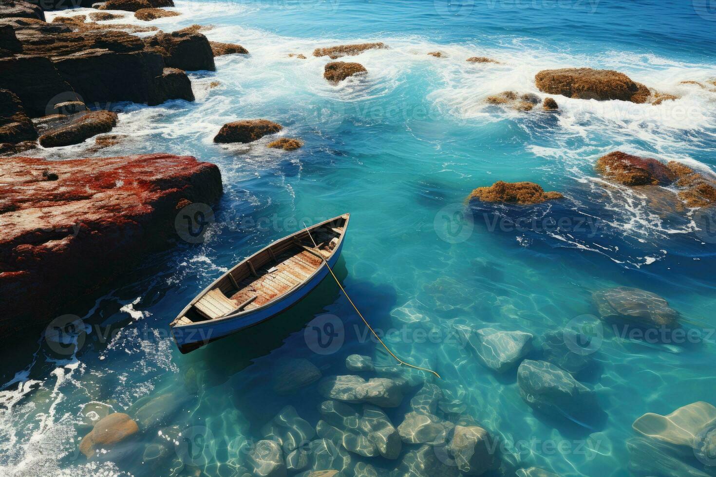 ai gerado lindo marinha de praia oceano com colorida barcos profissional fotografia foto