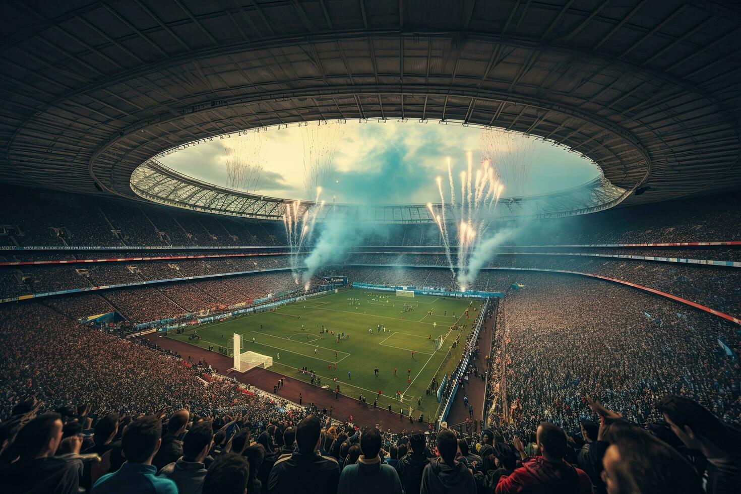 ai gerado estádio cheio do fãs e fogos de artifício às noite. 3d Renderização, ai gerado foto