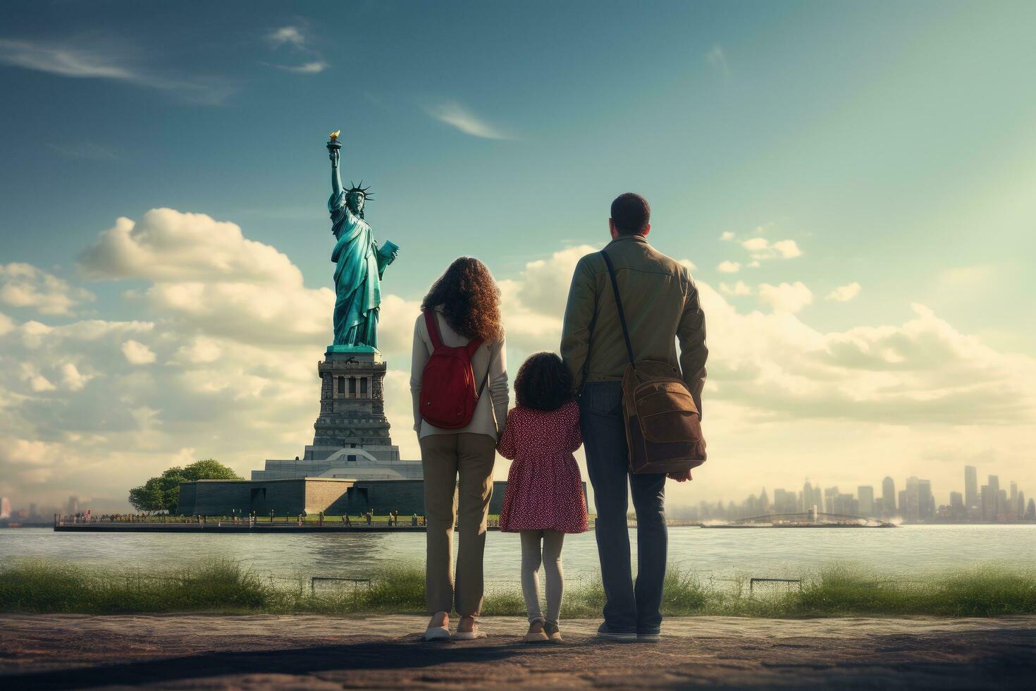 ai gerado feliz família do três olhando às estátua do liberdade dentro Novo Iorque cidade, uma família do imigrantes olhando às a estátua do liberdade, ai gerado foto