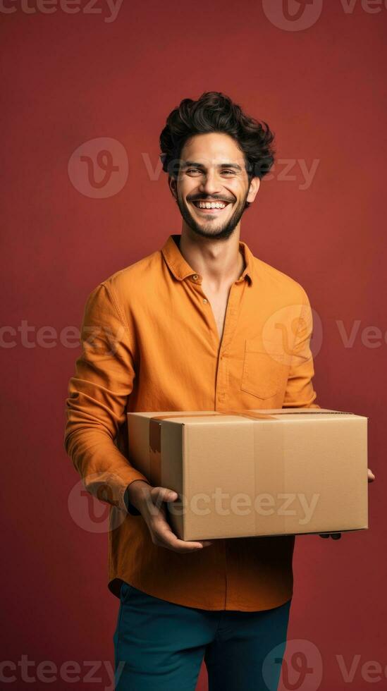 ai gerado cinematográfico cena. a homem é segurando uma grande caixa e sorridente suavemente. moda roupas e Penteado. foto