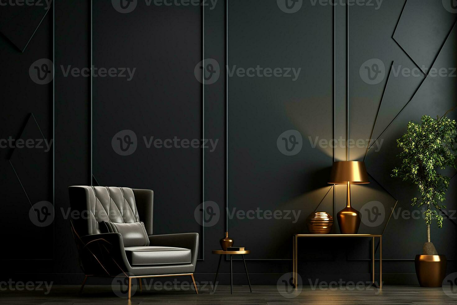 ai gerado 3d rendido mínimo Sombrio estilo moderno vivo quarto interior Projeto com moderno cadeira foto