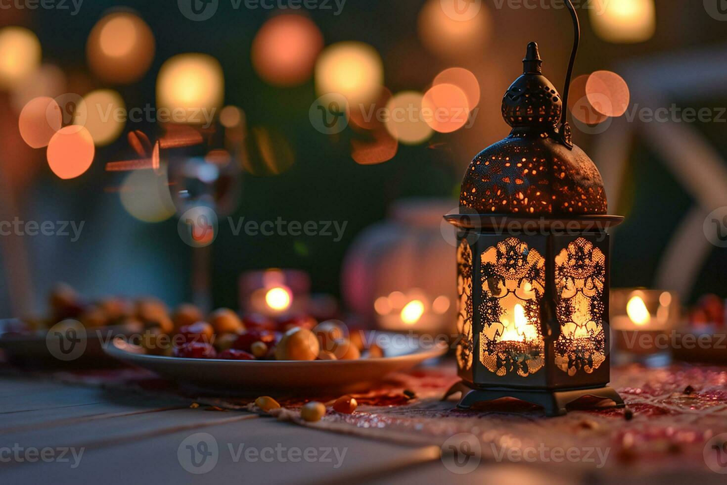 ai gerado ornamental árabe lanterna prato com encontro fruta em a mesa Ramadã kareem. iftar jantar fundo. foto