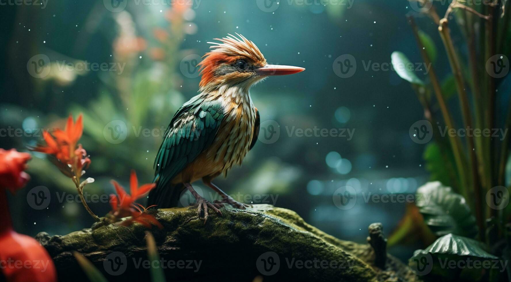 ai gerado fechar-se do atropical selvagem pássaro dentro a floresta, tropical selvagem pássaro, selvagem pássaro dentro a floresta, pássaro sentado em a árvore foto