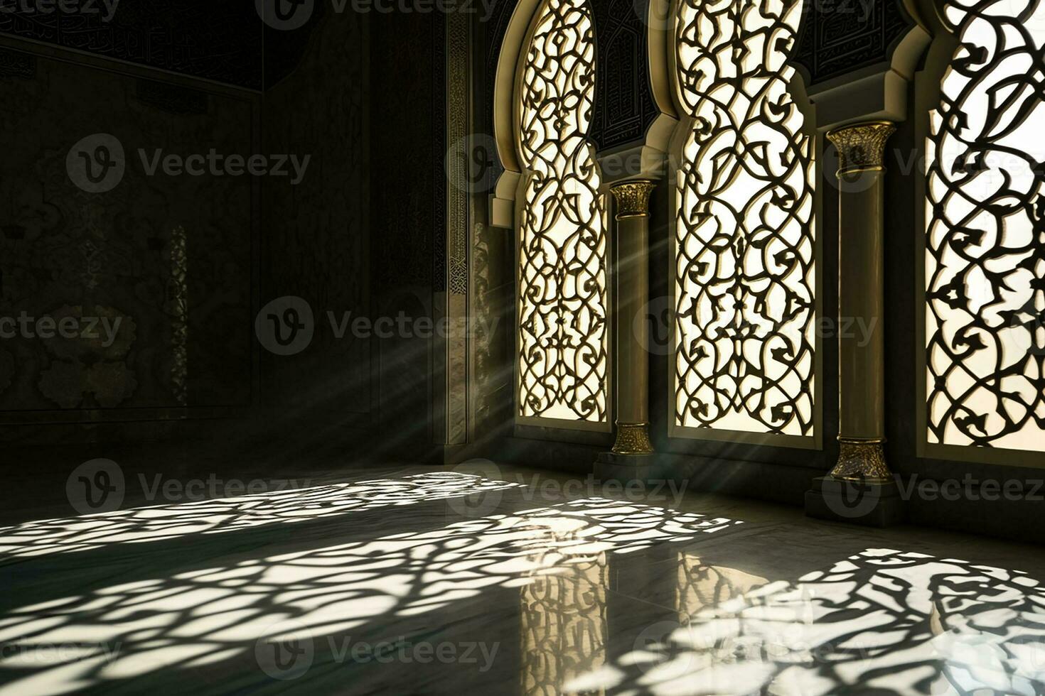 ai gerado islâmico fundo luz com mesquita janela enfeite cena foto