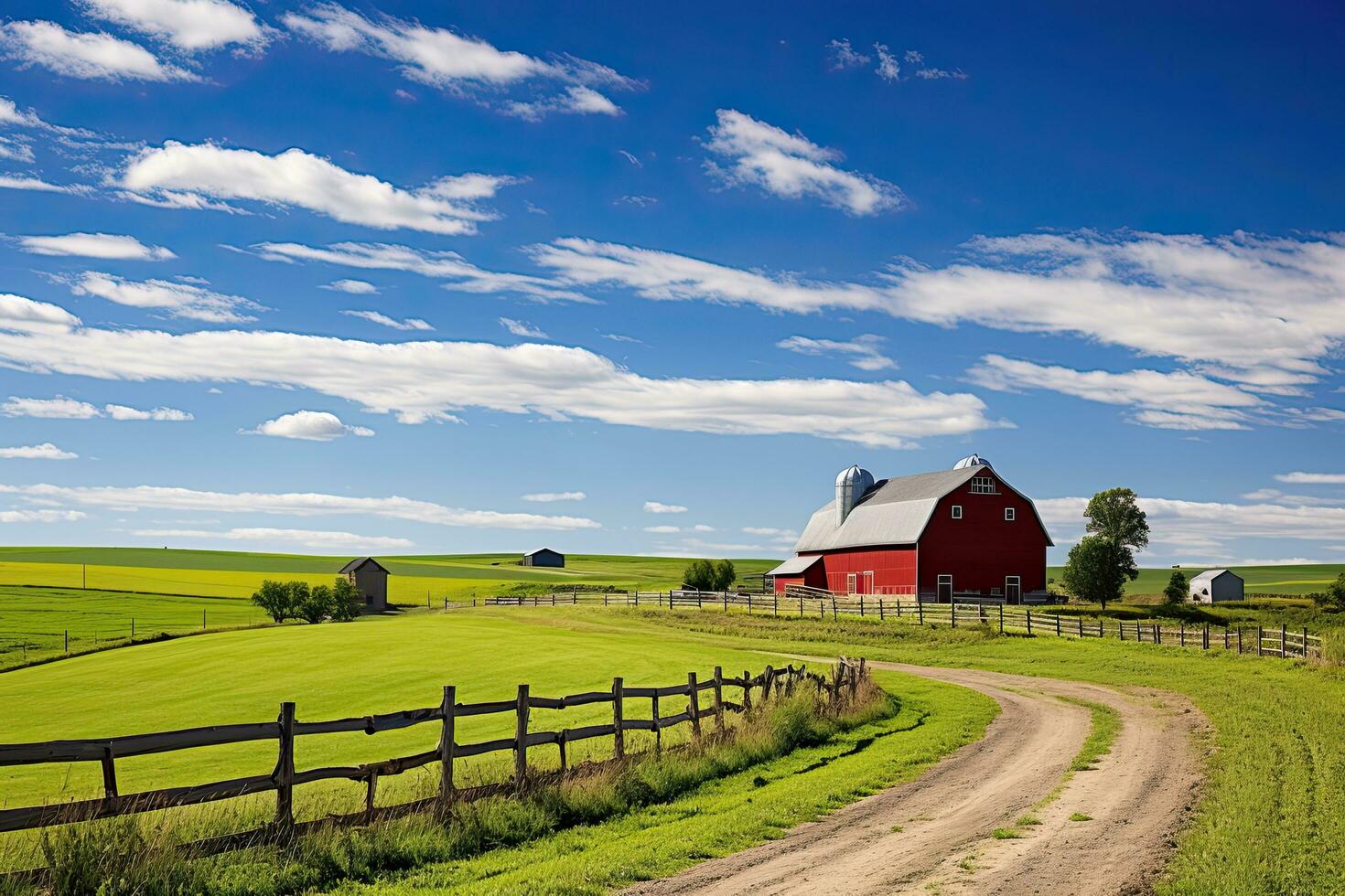 ai gerado americano campo com vermelho celeiro e cerca dentro primavera, EUA, ai gerado foto