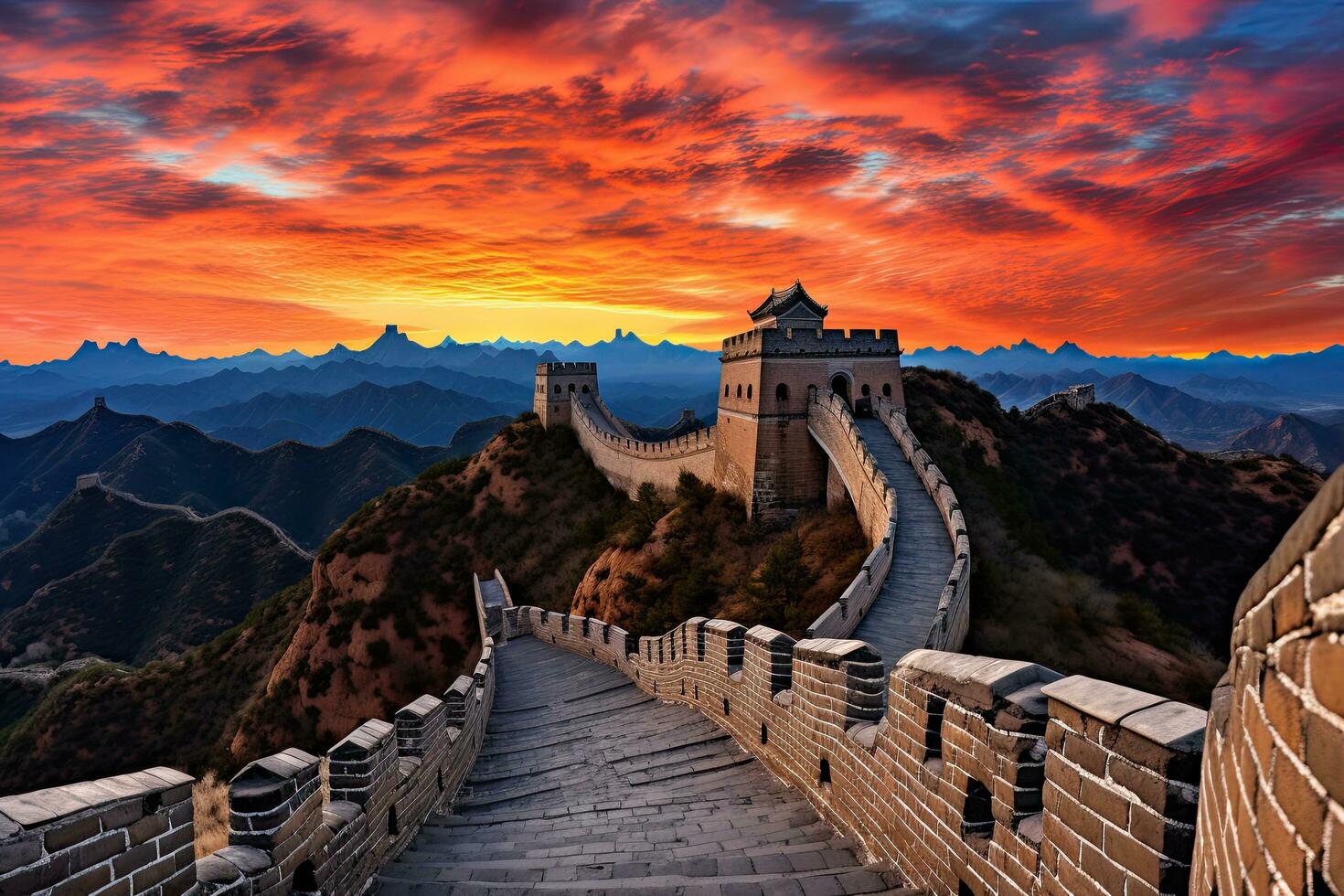 ai gerado majestoso ótimo parede do China às pôr do sol, panorâmico visualizar, ai gerado foto