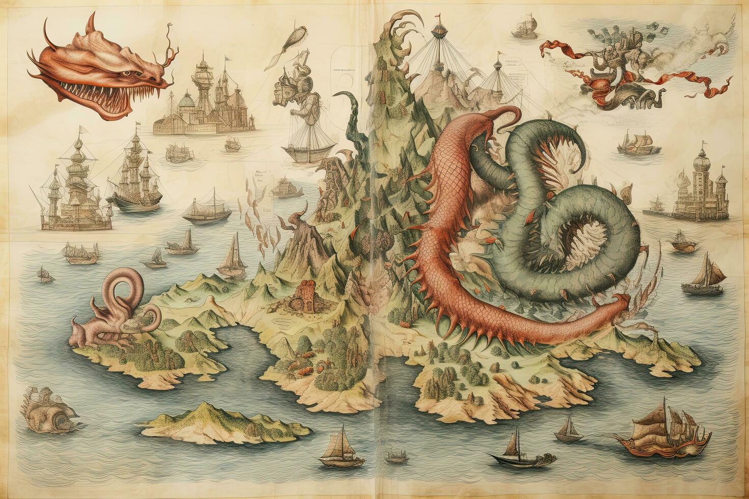 ai gerado vintage mapa do a mundo com Navegando barcos e veleiros, ai gerado foto