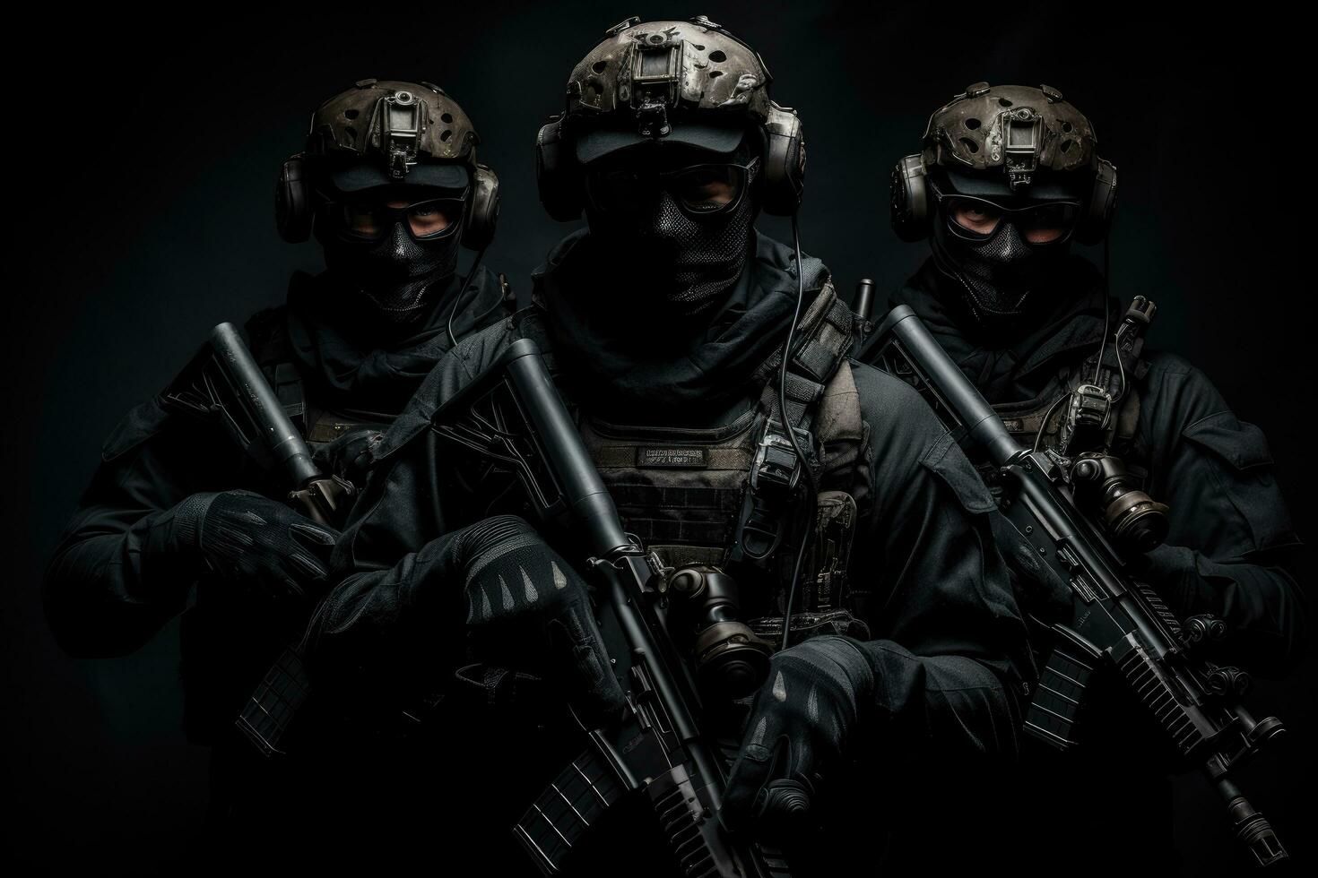 ai gerado grupo do soldados dentro militares uniforme com assalto rifle e gás mascarar em Preto fundo, ai gerado foto