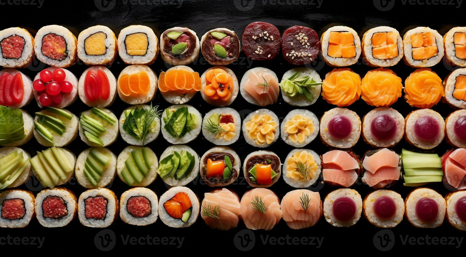 ai gerado fechar-se do Sushi rolos em a mesa, Sushi rolos definir, Sushi fundo, conjunto do Sushi rolos, frutos do mar definir, projetado shushi rolos foto