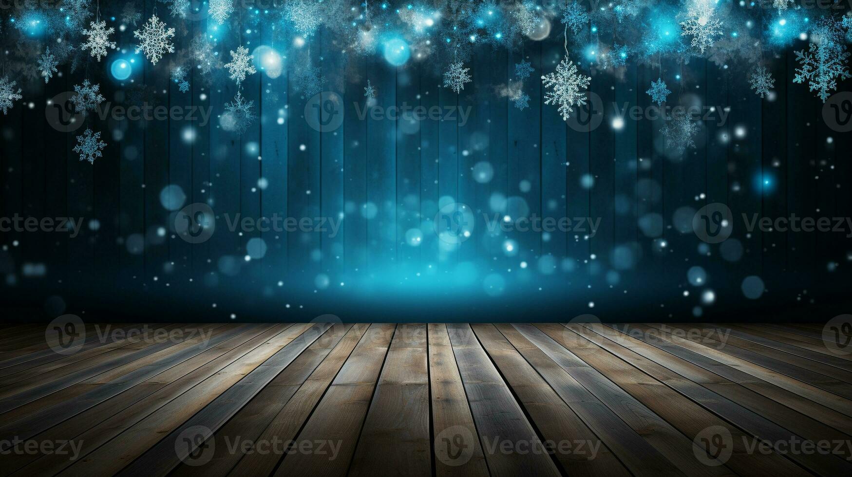 ai gerado alegre Natal e feliz Novo ano cumprimento fundo com mesa. inverno panorama com flocos de neve. copyspace para texto foto