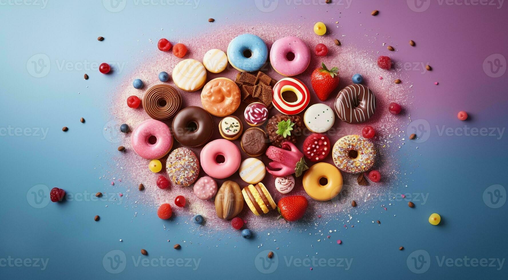ai gerado colori doces em abstrato fundo, colori doce em fundo, doce biscoitos em colorida fundo, doces papel de parede foto