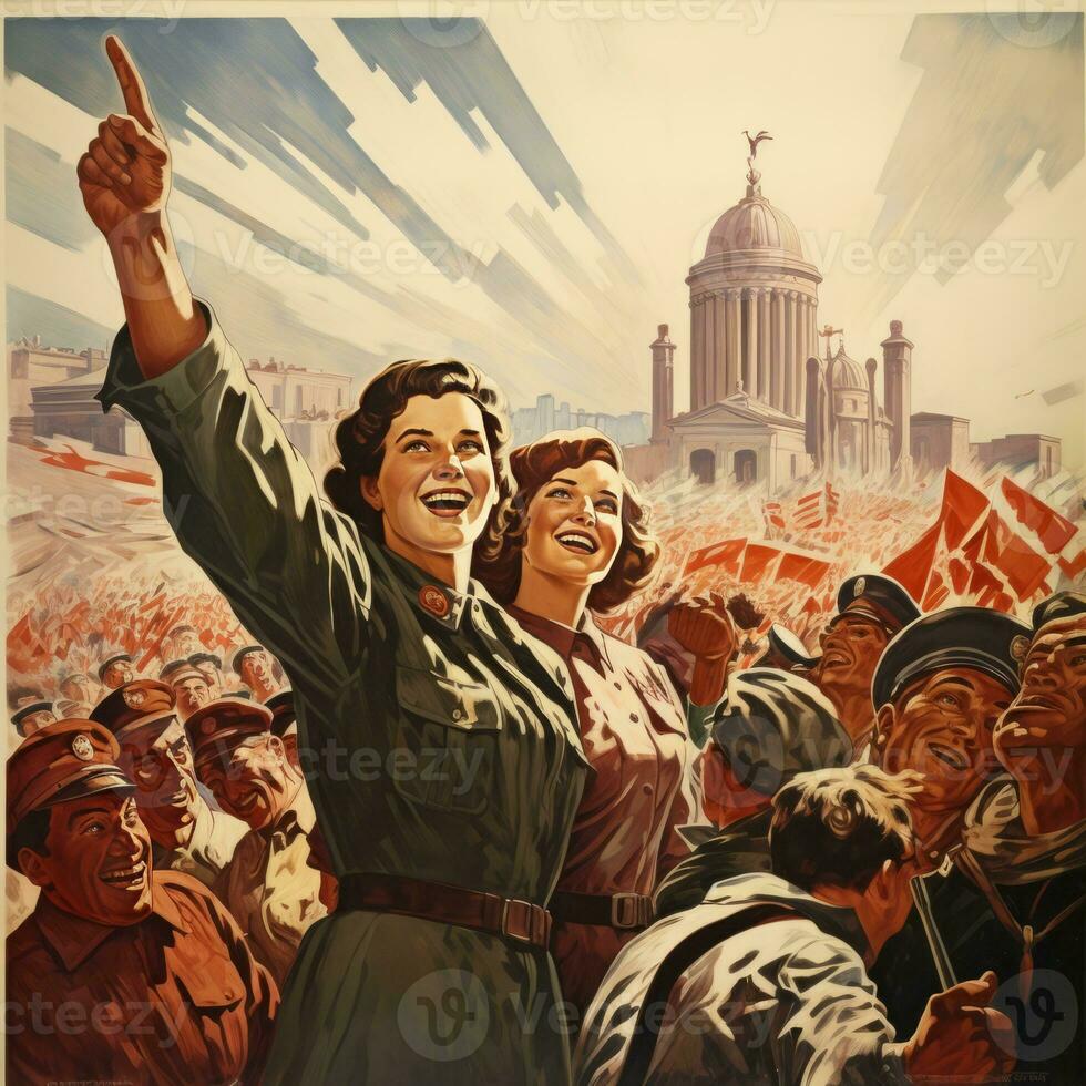 ai gerado ao ar livre arte ilustração do soviético União propaganda poster. multidão do pessoas com seus mãos foto