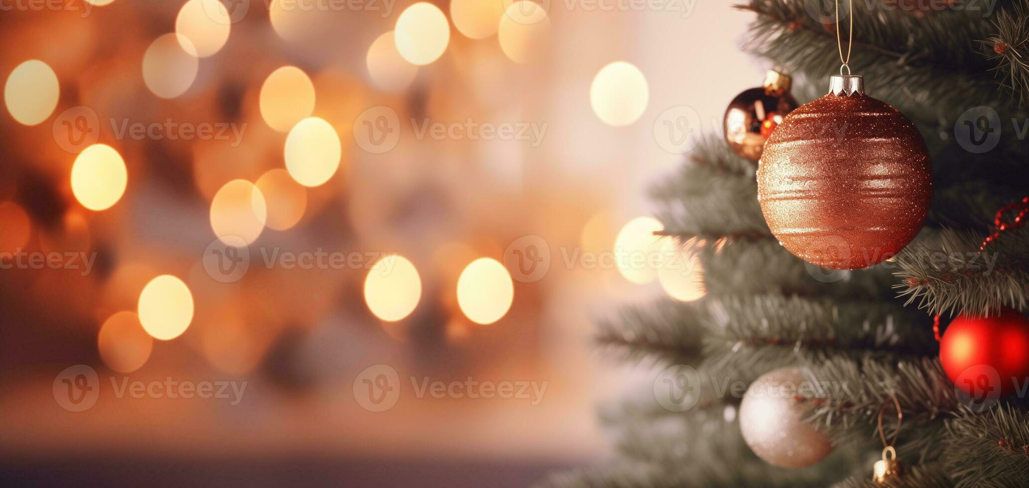 ai gerado uma Natal árvore com enfeites e uma borrado fundo foto