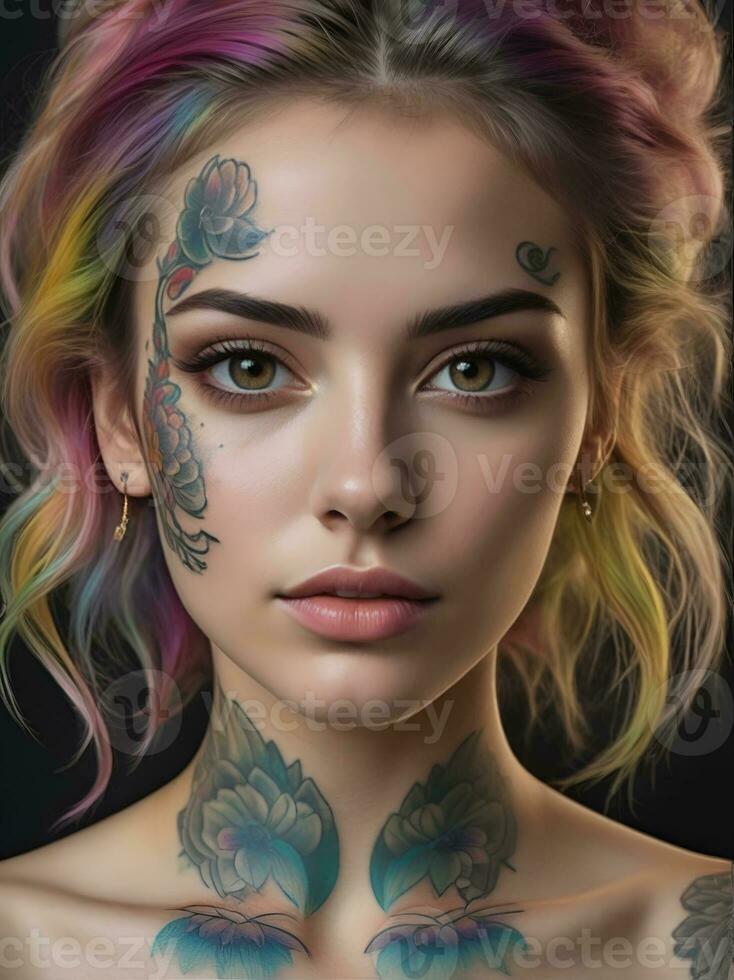 ai gerado retrato do uma mulher com uma corpo cheio do artístico tatuagens foto