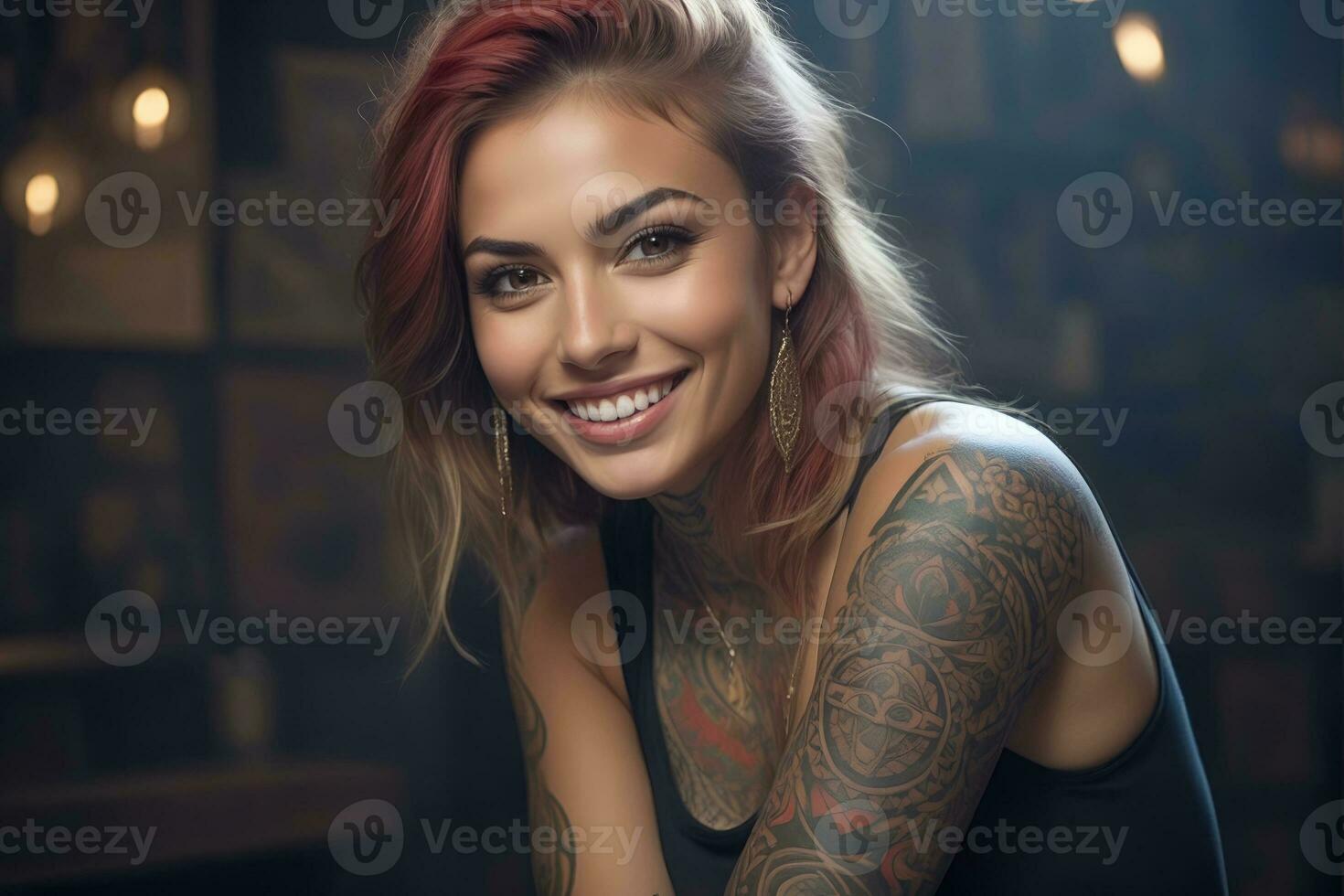 ai gerado retrato do uma mulher com uma corpo cheio do artístico tatuagens foto