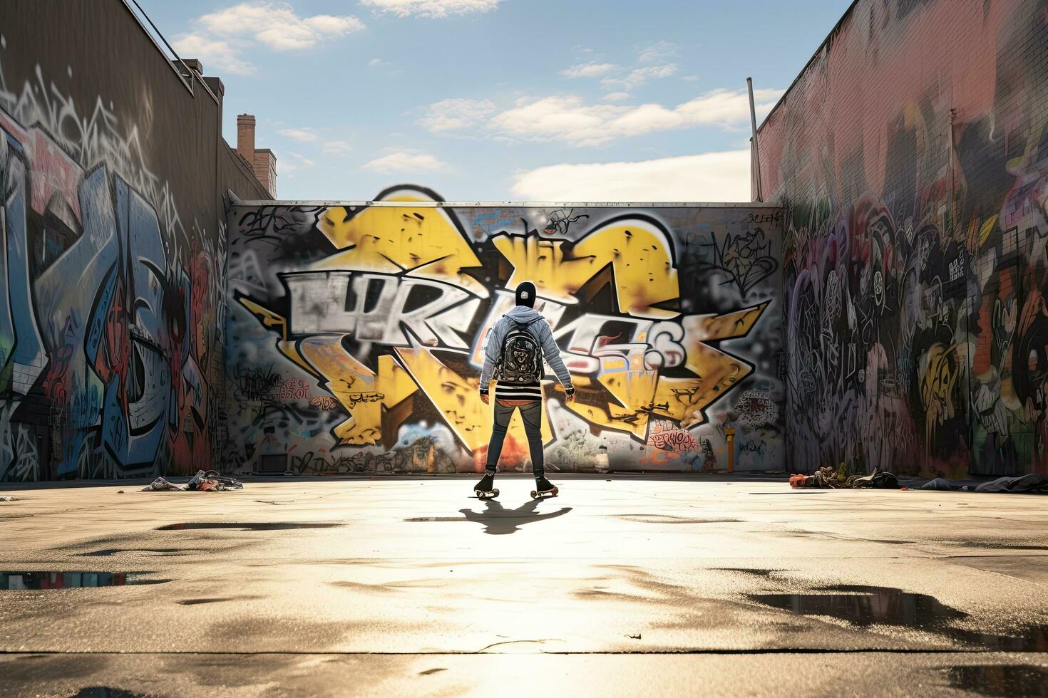 ai gerado uma homem em pé dentro frente do uma mural dentro Manhattan, Novo Iorque cidade, ai gerado foto