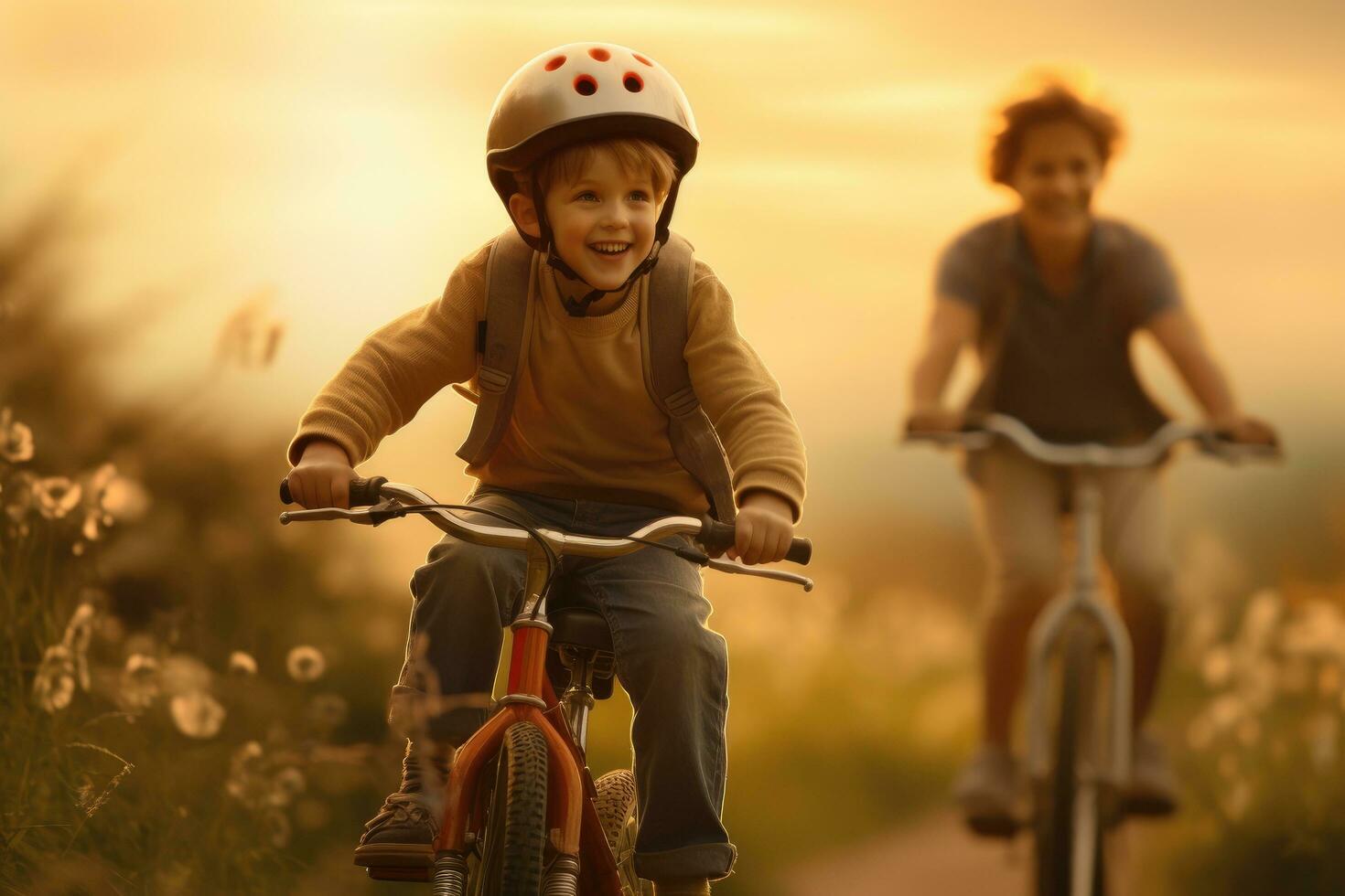 ai gerado mãe e filho ciclismo dentro a campo às pôr do sol. feliz família tendo Diversão ao ar livre, uma pai ensino dele filho para passeio uma bicicleta para a primeiro tempo, ai gerado foto