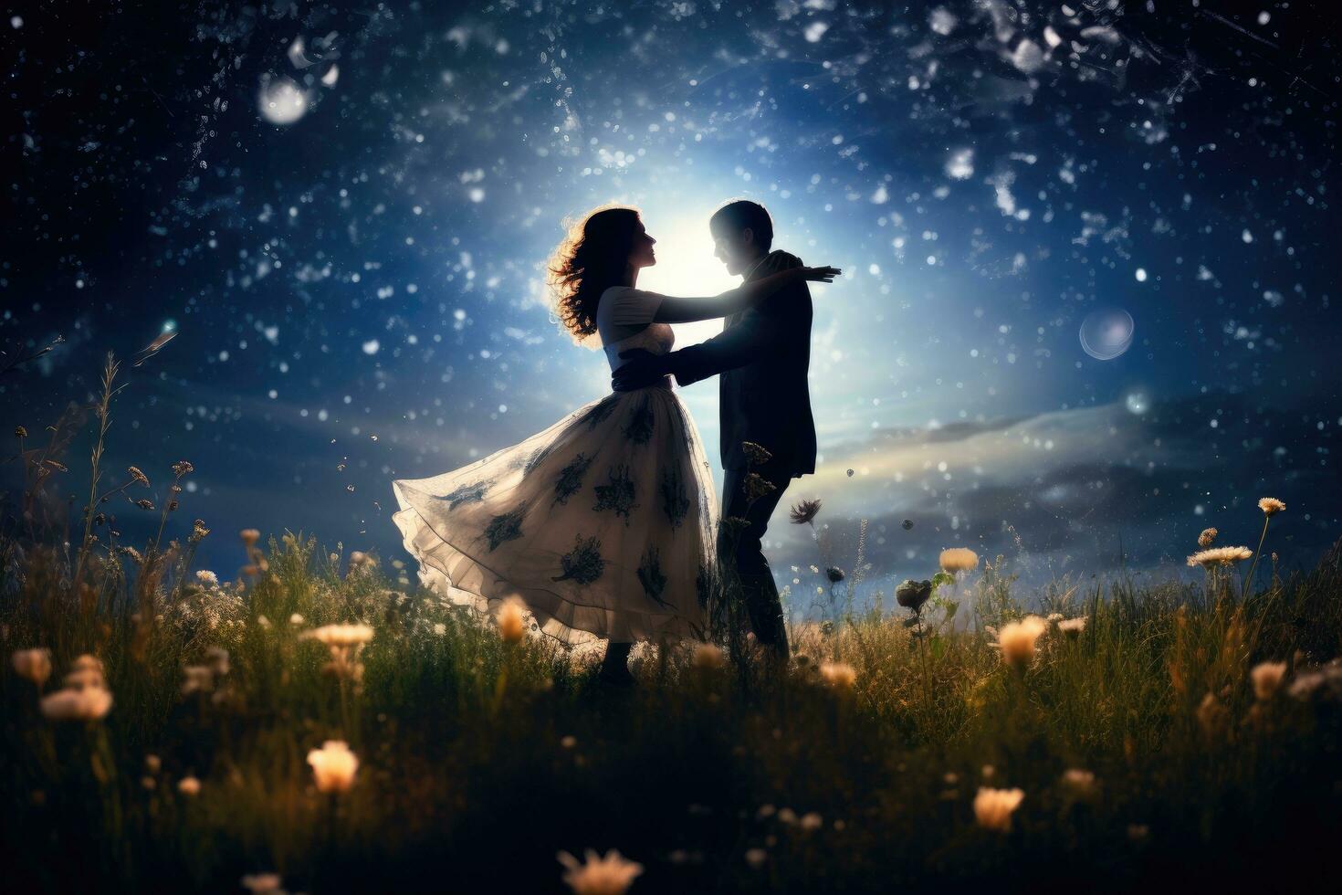ai gerado Casamento casal em uma fundo do a noite céu com nuvens, uma casal dançando debaixo a luar dentro uma florescendo Prado, ai gerado foto