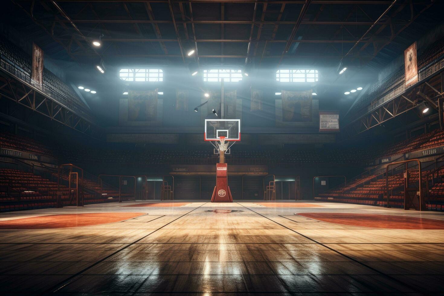 ai gerado esvaziar basquetebol quadra com luzes e madeira chão. 3d Renderização, ai gerado foto