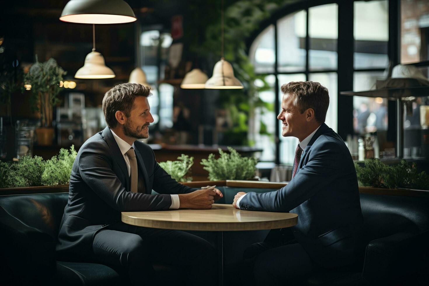 ai gerado dois empresários tremendo mãos dentro uma cafeteria. dois empresários falando dentro uma cafeteria, homem de negocios consultando cliente dentro cafeteria, ai gerado foto