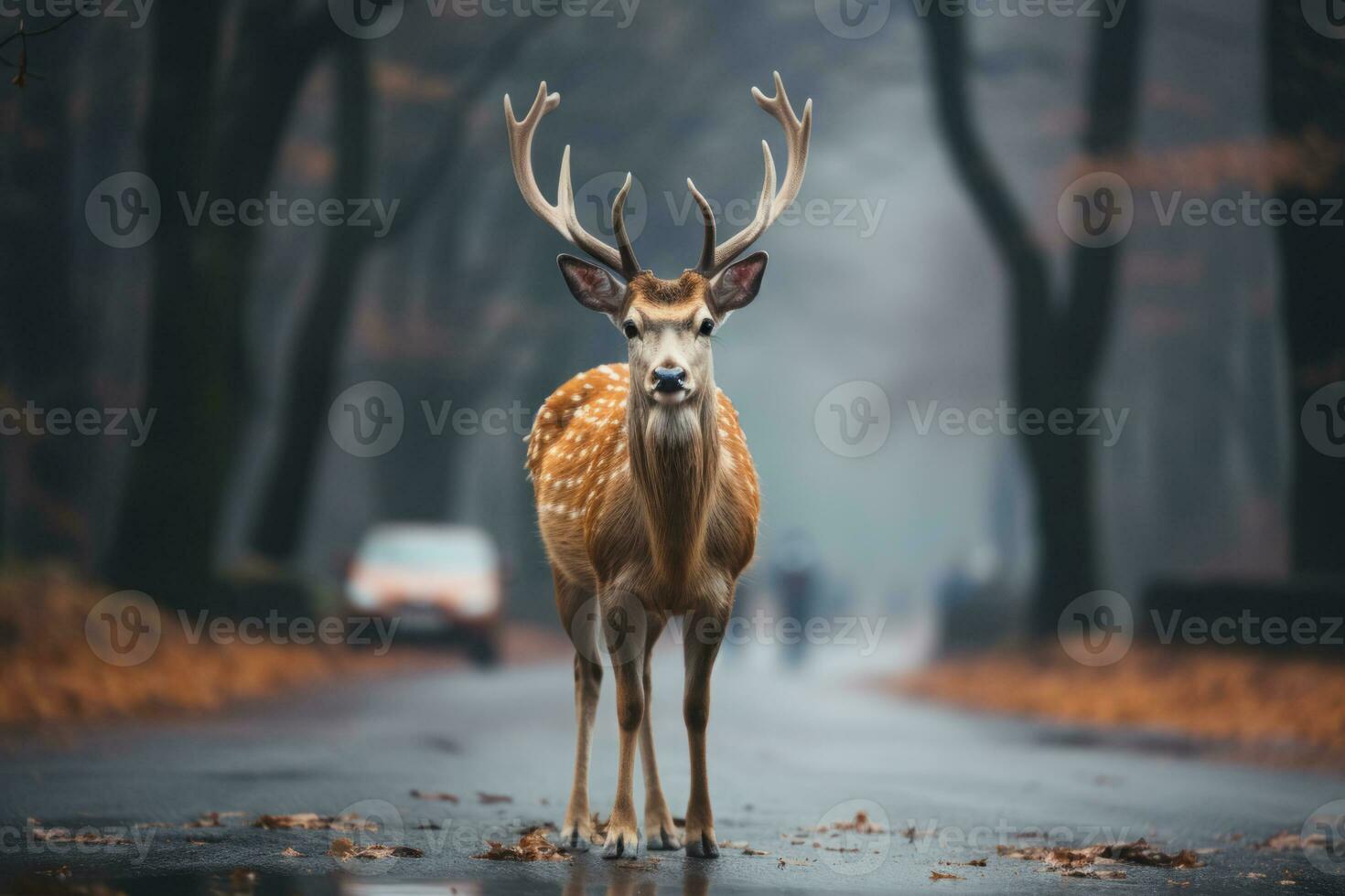 ai gerado veado cruzando carro estrada perto floresta foto