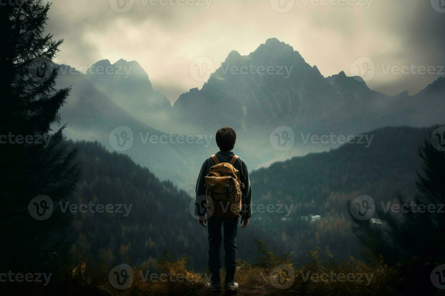 adolescente abraços verde montanha pico natureza. gerar ai foto