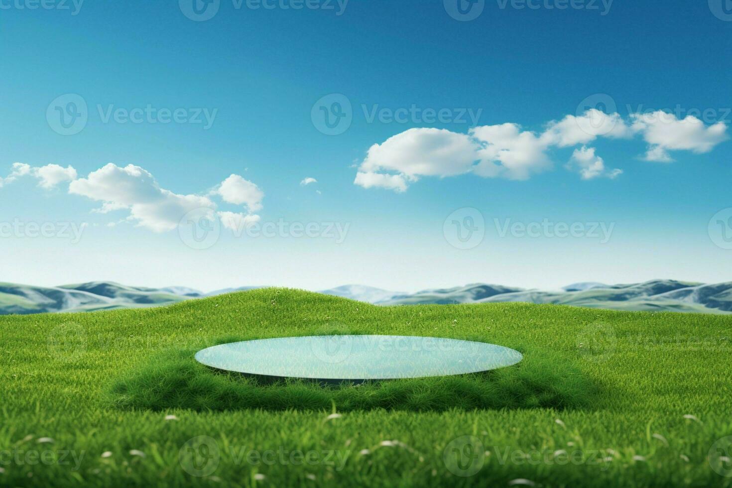 ai gerado sereno pódio Renderização em terra, apresentando uma verde Relva campo foto
