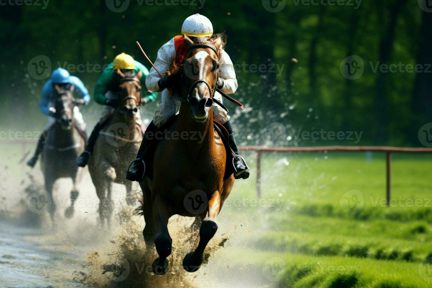 ai gerado corrida elegância cavalos dentro passo largo exibindo a intensidade do uma competitivo raça ai gerado foto