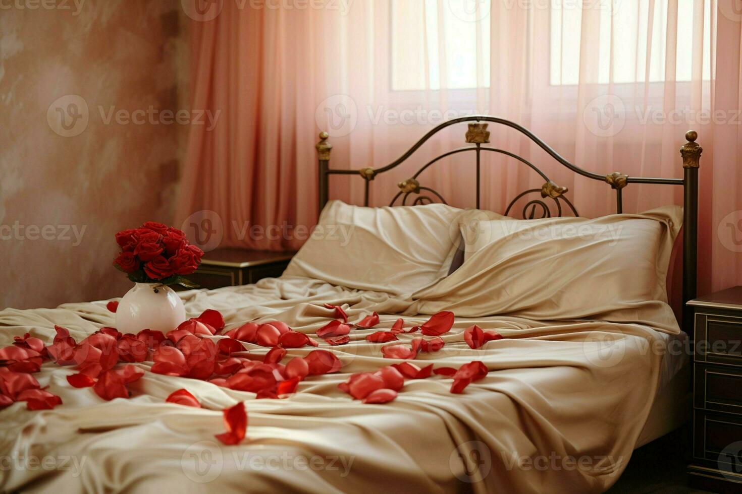 ai gerado elegante gesto rosa pétalas em a cama adicionando uma toque do luxo e romance ai gerado foto