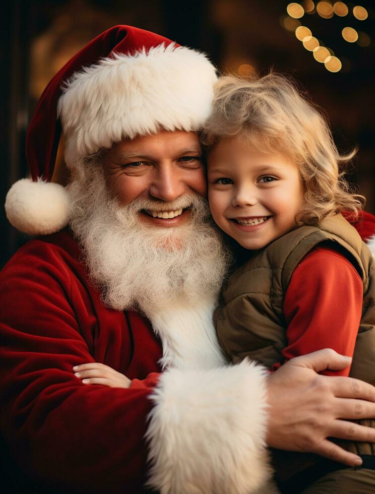 ai gerado feliz criança Conheça santa claus em Natal foto