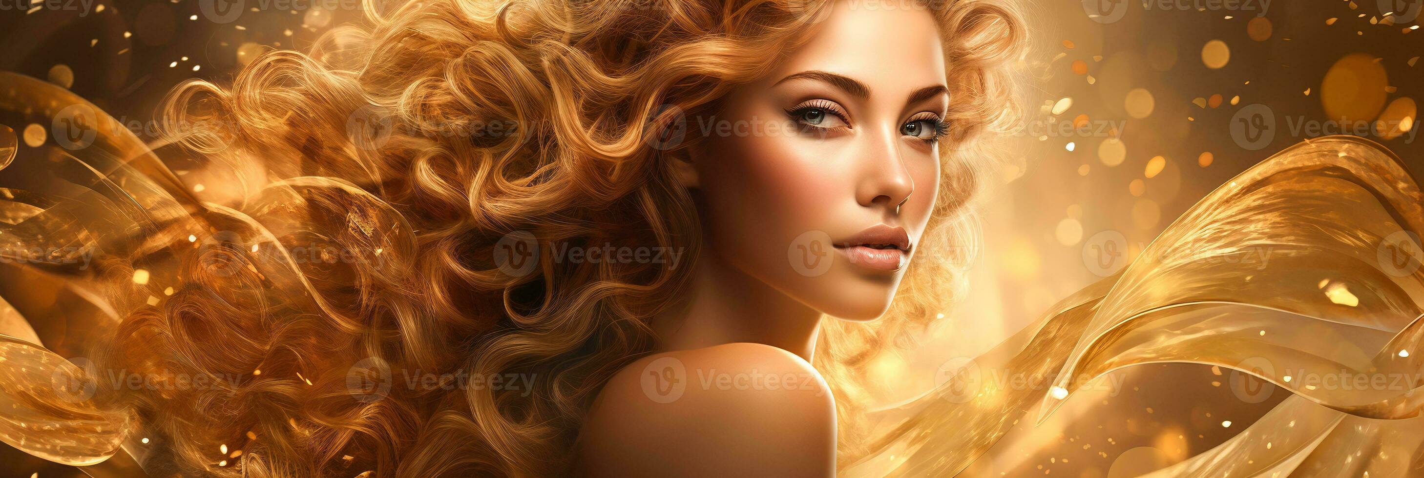 ai gerado bandeira retrato do uma deslumbrante fêmea com dourado ondas e espumante fundo, ótimo para cabelo e beleza Publicidades foto